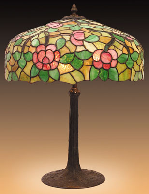 Mosaic Shade Company, Chicago, Floral Leaded Tabel Lamp with Root Base