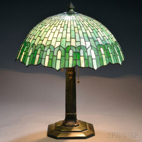 Gorham Green Geometric Leaded Glass Table Lamp