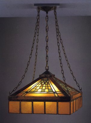 A Rare Oak And Leaded Glass Chandelier, Gustav Stickley 